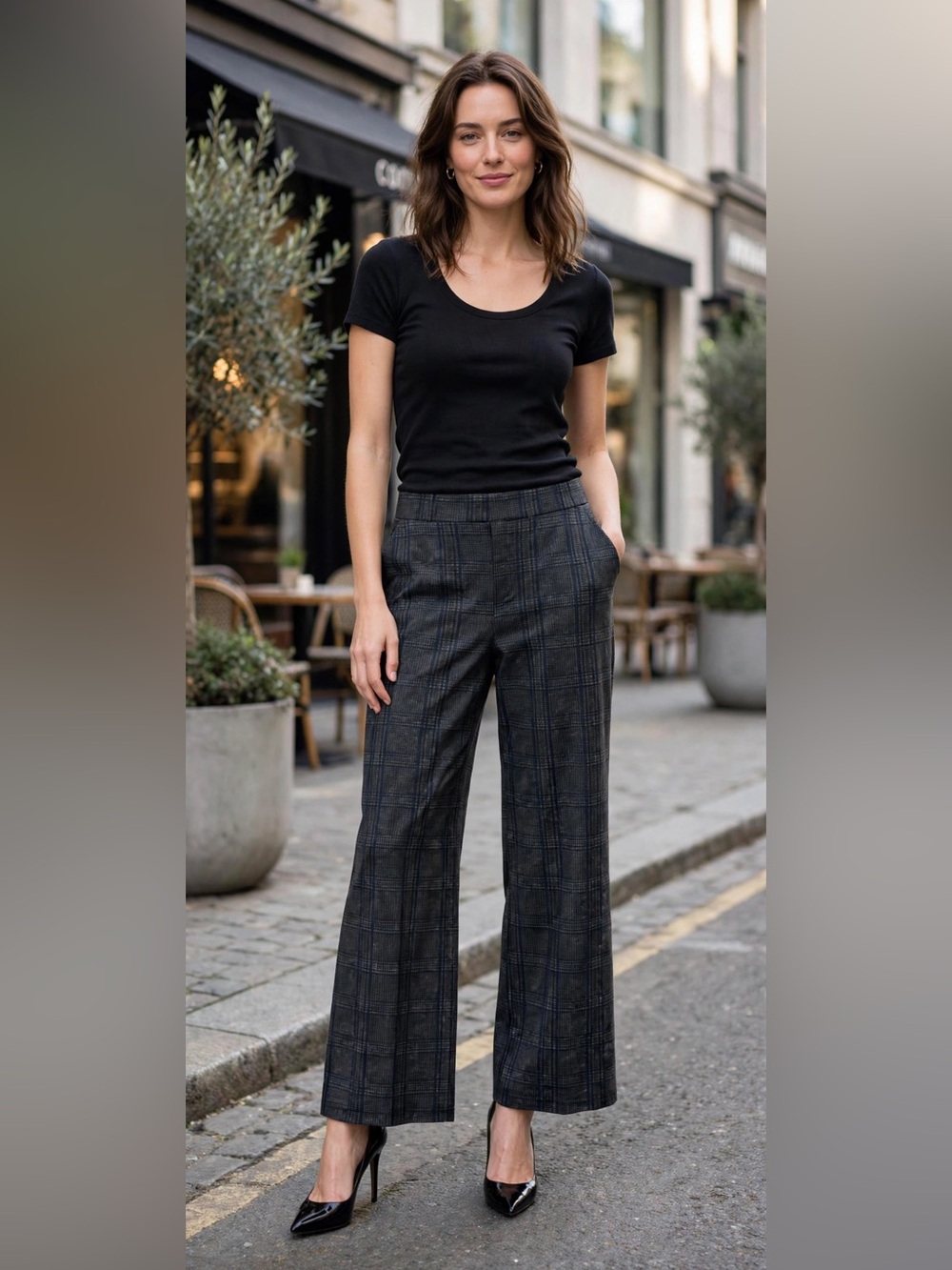 Wit & Wisdom Plaid Wide Leg Pull On Pants Black Gray Medium